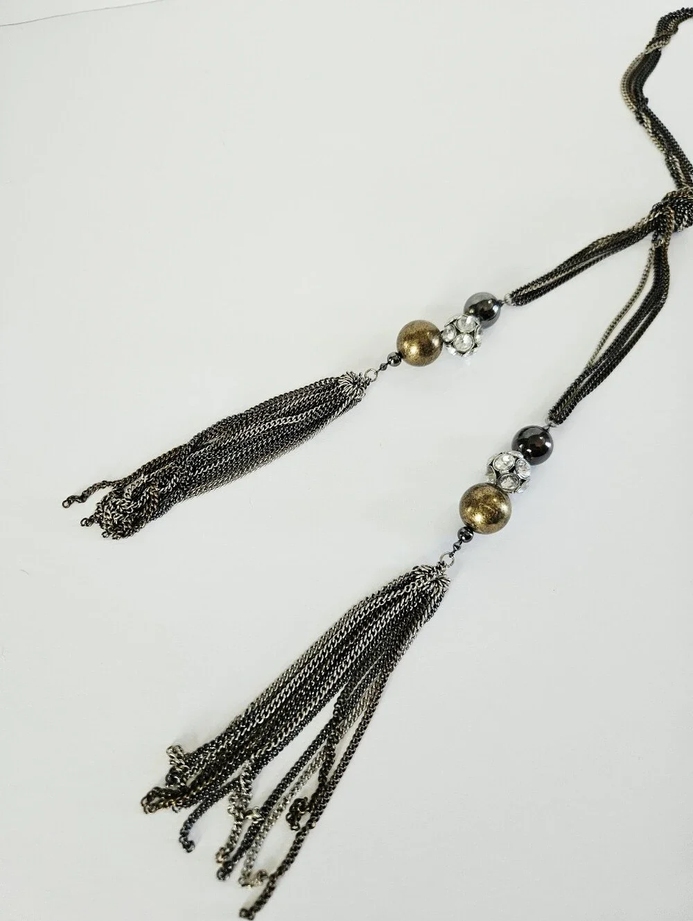 Vintage Y2K Multi-Strand Long Tassel Lariat Fringe Triple Tone Chain Necklace